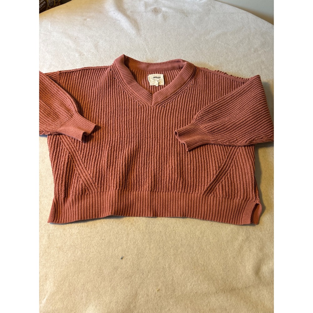 Aerie Womens Oversized Ribbed V-Neck Sweater Dusty Rose Terracotta Size L